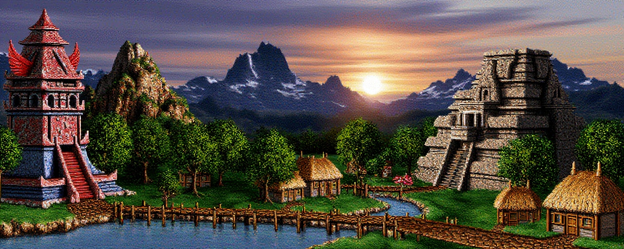 Original HoMM2 style town screen depicting a fantasy witch town set against a backdrop of lush jungle wetland swamp in fro...
