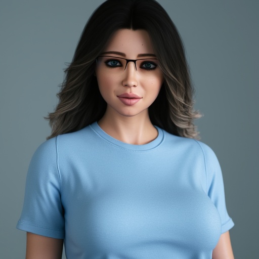 The image is a highly detailed CGI rendering of a young woman with a voluptuous figure and a striking appearance. She has...