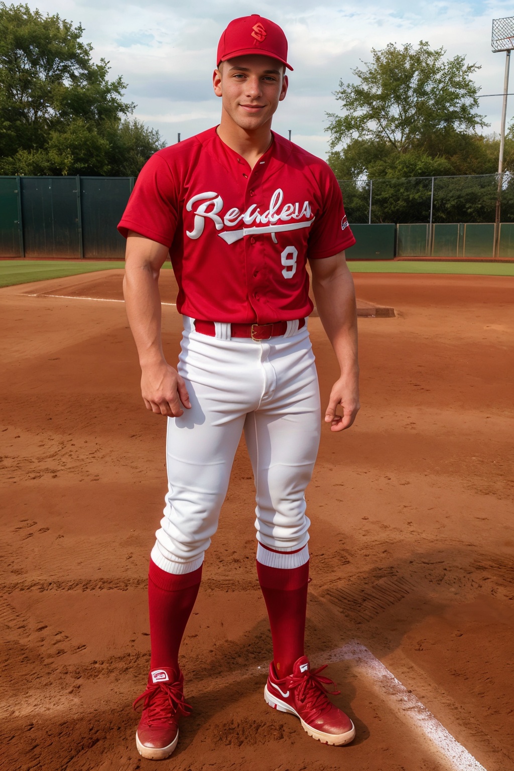 outdoors,  baseball field,  standing at second base on Tensor.Art