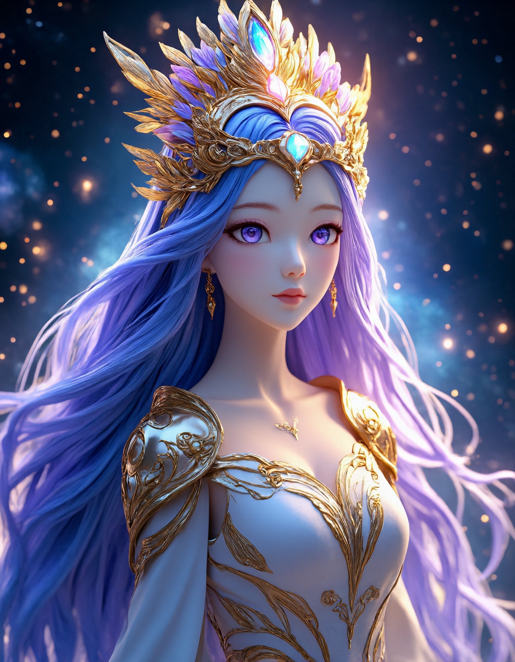 Design an ultra-detailed 3D anime-style portrait of a majestic goddess adorned with an elaborate headdress made of vibrant...