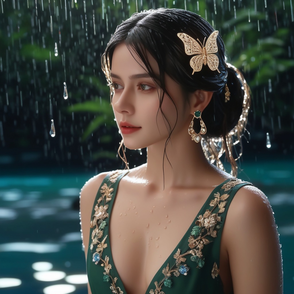(,1girl, ,best quality, ),, ,ultra detailed 8k cg,   ,masterpiece((((1girl, solo,  , ,solo focus, wet,sweat, ocean,rain, water drop, )))) (, , sweatdrop, flying sweatdrops, sweating profusely,colorful drop \(module\), )   clean, masterpiece,     cinematic lighting, cinematic bloom,   , unreal, science fiction, luxury, jewelry, diamond, gold, pearl, gem, sapphire, ruby, emerald, intricate detail, delicate pattern, charming, alluring, seductive, erotic, enchanting, hair ornament, necklace, earrings, bracelet, armlet,halo,butterfly, <lora:823-DA-XL-国模-恶女-VIVI:0.8>,