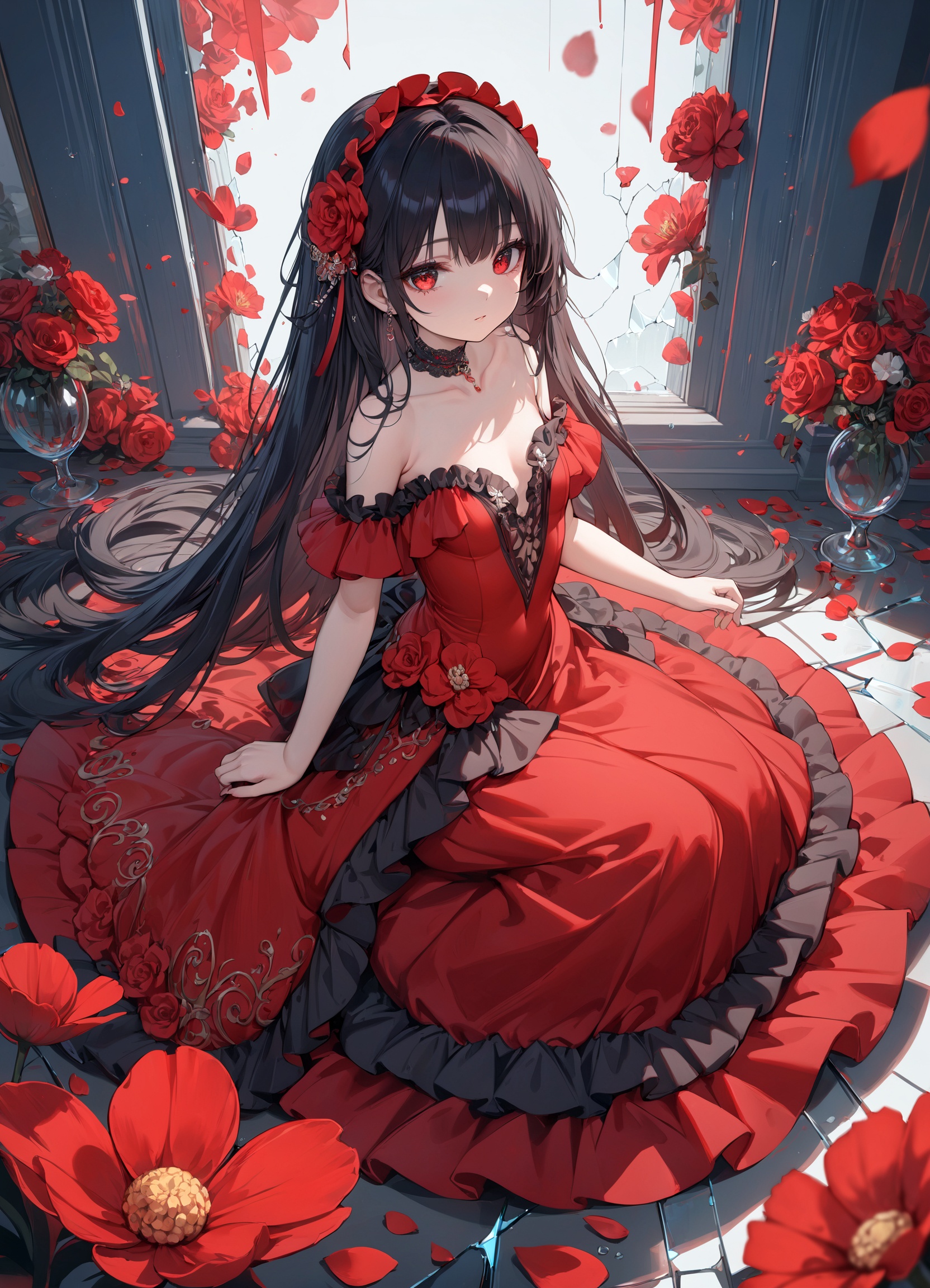(masterpiece), (best quality), illustration, ultra detailed, hdr, Depth of field, (colorful), loli, 1girl, solo, long hair, dress, red eyes, red theme, looking at viewer, black hair, very long hair, flower, red dress, petals, choker, breasts, bare shoulders, broken glass, bubble, frills, jewelry, full body,