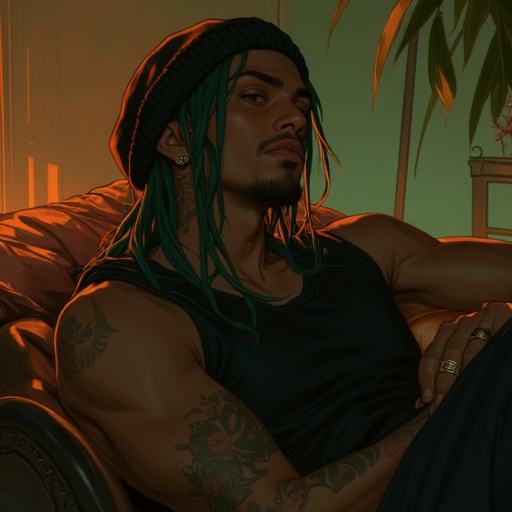 a striking shade of piercing green,  with visible tattoos covering his arms and neck,  intricate design. Her hands are ado...