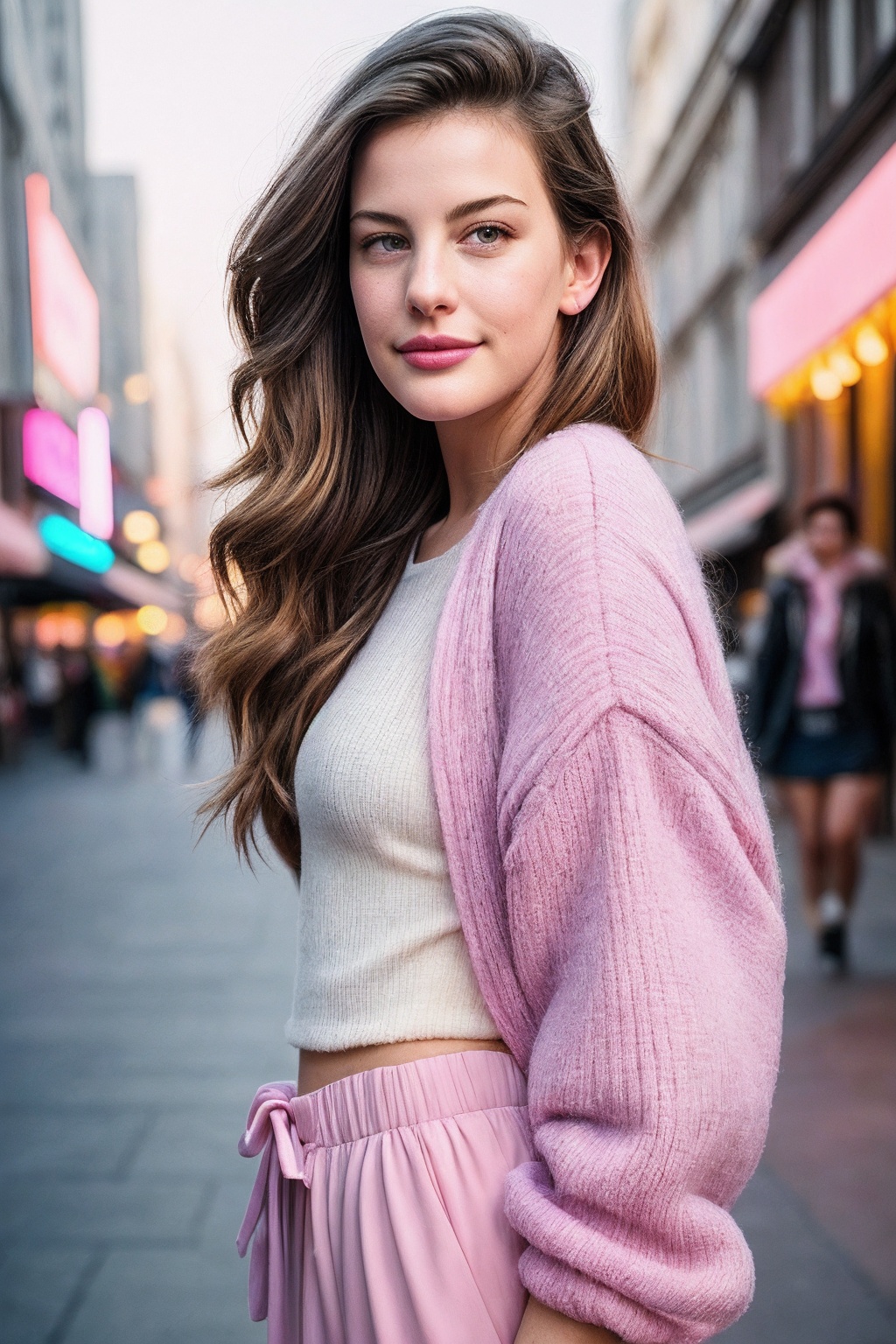 LivT_SoloTI_v1,  (In a vibrant,  oversized pastel pink sweater with playful graphics on Tensor.Art