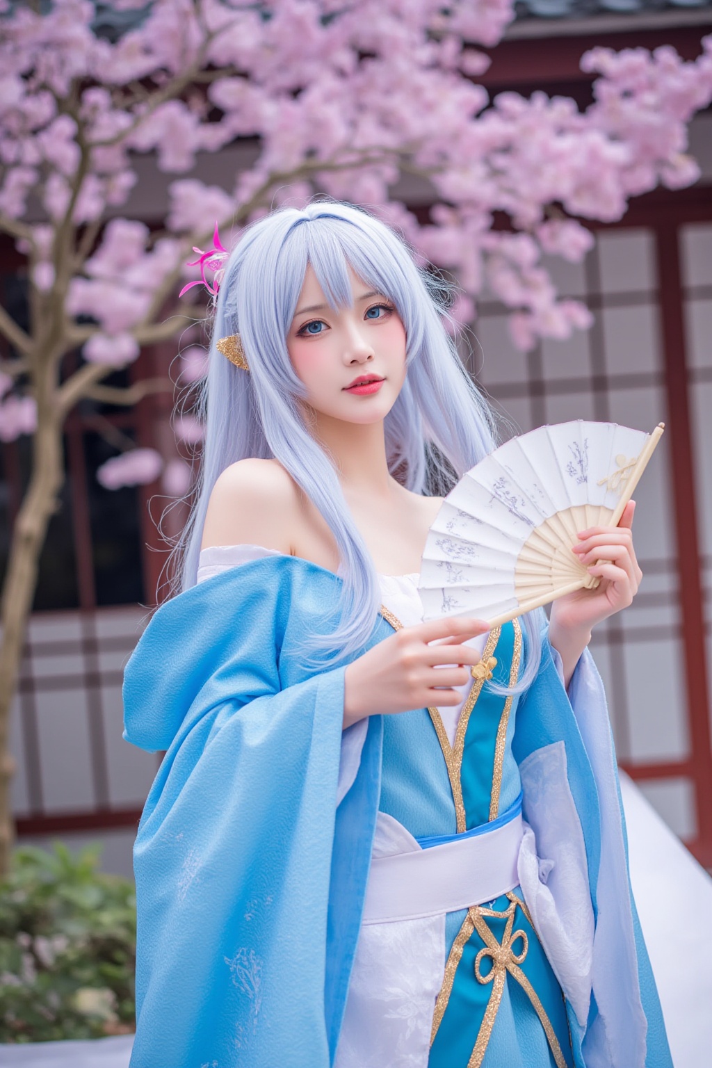 cosplay photography,cosplay photography,a female wearing a blue dress with golden patterns and decorations. Her hair is silver-white, long and flowing, and she is wearing a pink hair accessory. Her eyes are blue and very charming. She is holding a fan in her hand, which has some text and patterns on it. The background features a traditional Japanese building with cherry blossom trees and a gate.