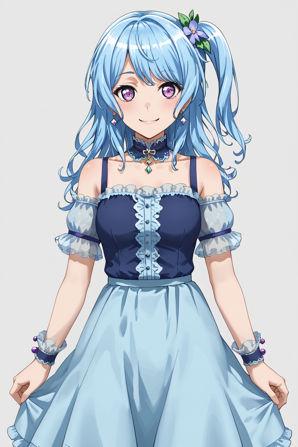 Matsubara Kanon,long hair,smile, bangs,hair ornament,blue hair, purple eyes,hair flower, one side up,light blue hair<lora:花音:0.8>