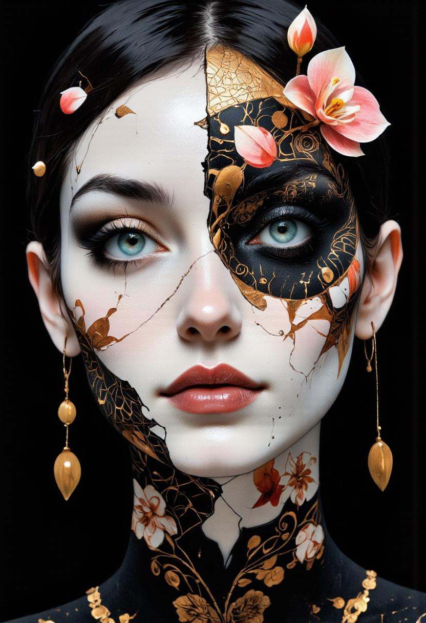 A highly detailed cinematic photography.An intense,  close-up portrait of a woman's face,  rendered as if her skin is made...