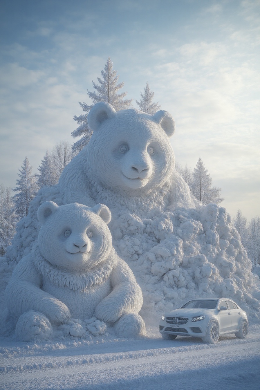XUEDIAO,  XUEDIAO,  Snow sculpture of pandas and cars on Tensor.Art