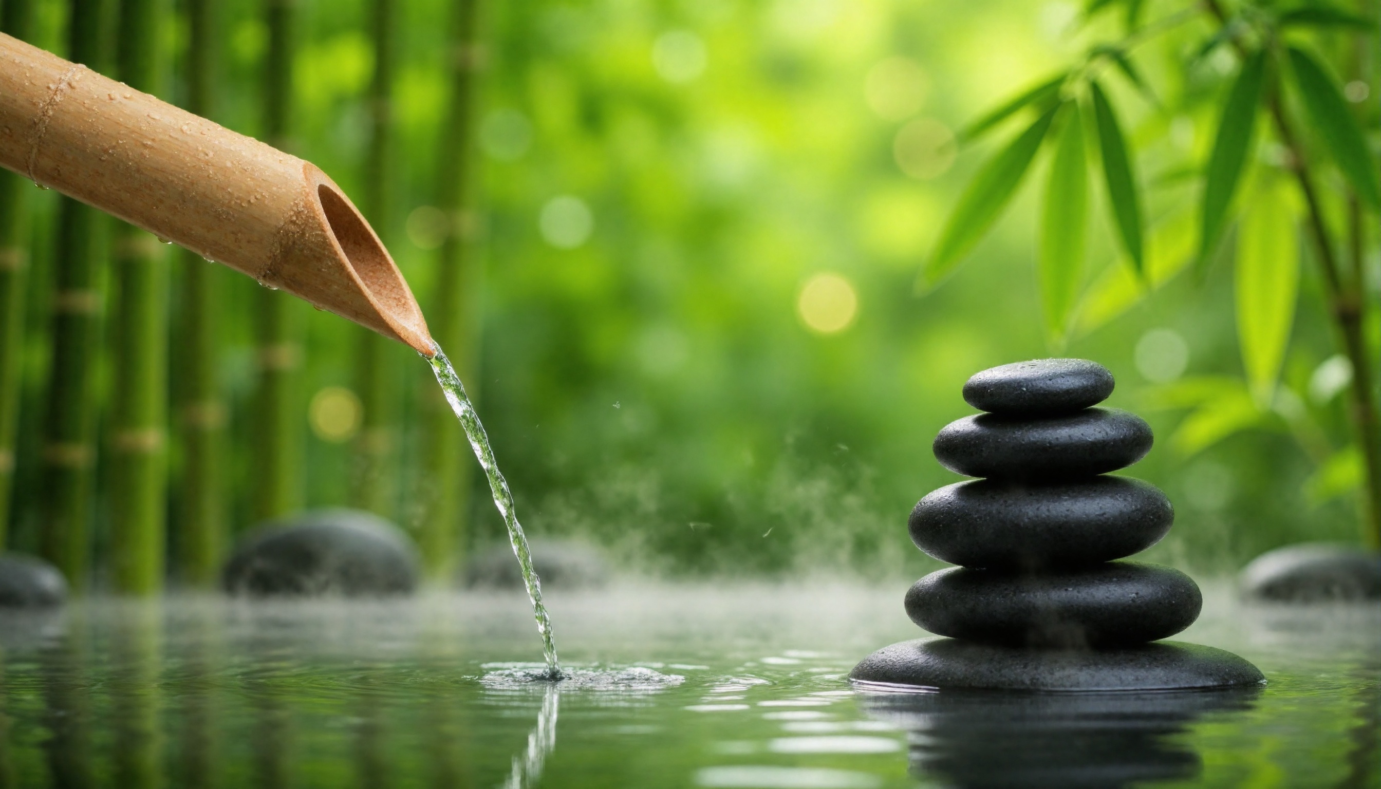 A peaceful zen garden scene featuring a bamboo pipe pouring water into a calm pond. The background consists of blurred gre...
