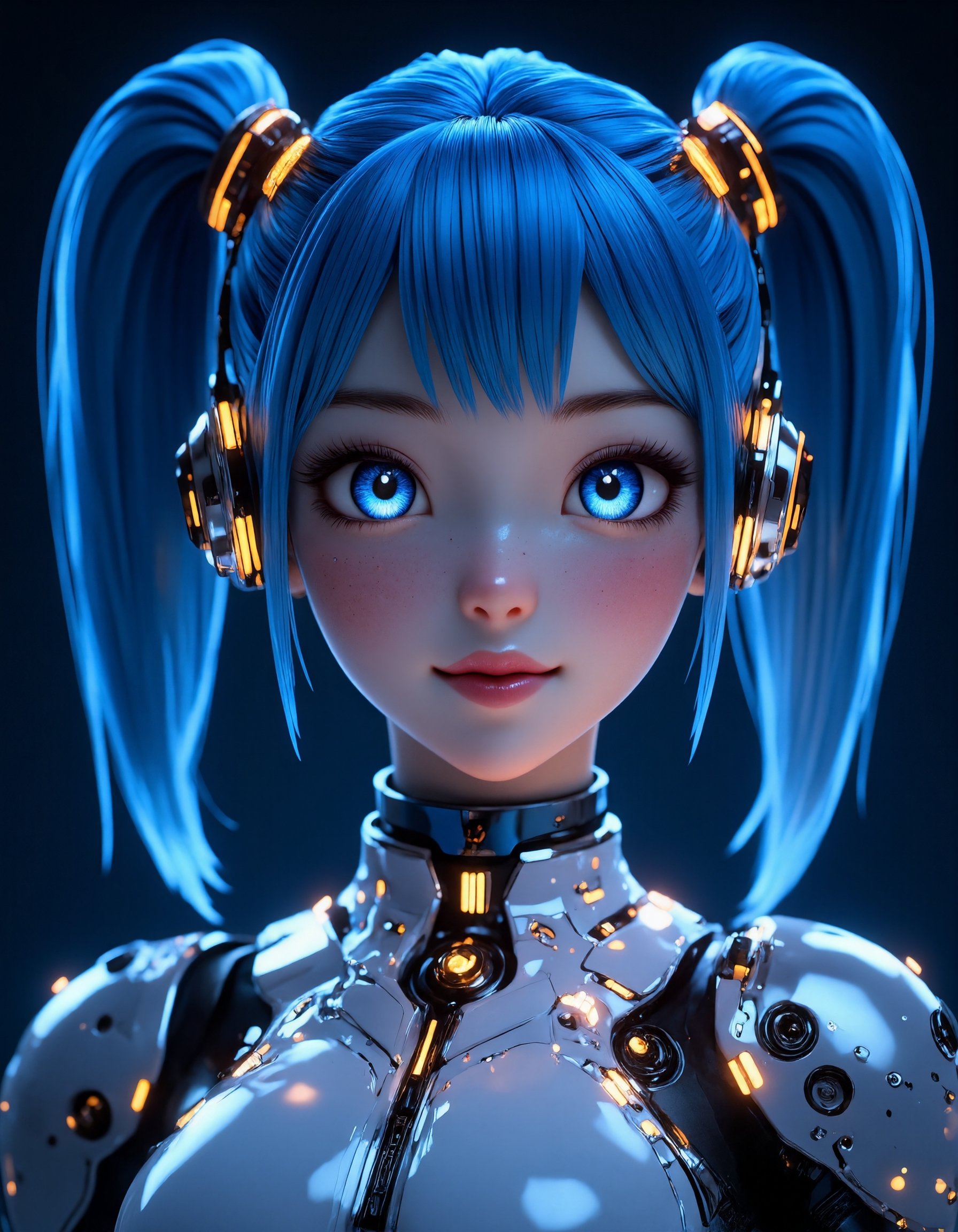A highly detailed,  3D anime-style portrait of a futuristic,  vibrant young woman with a playful and high-tech design. She...