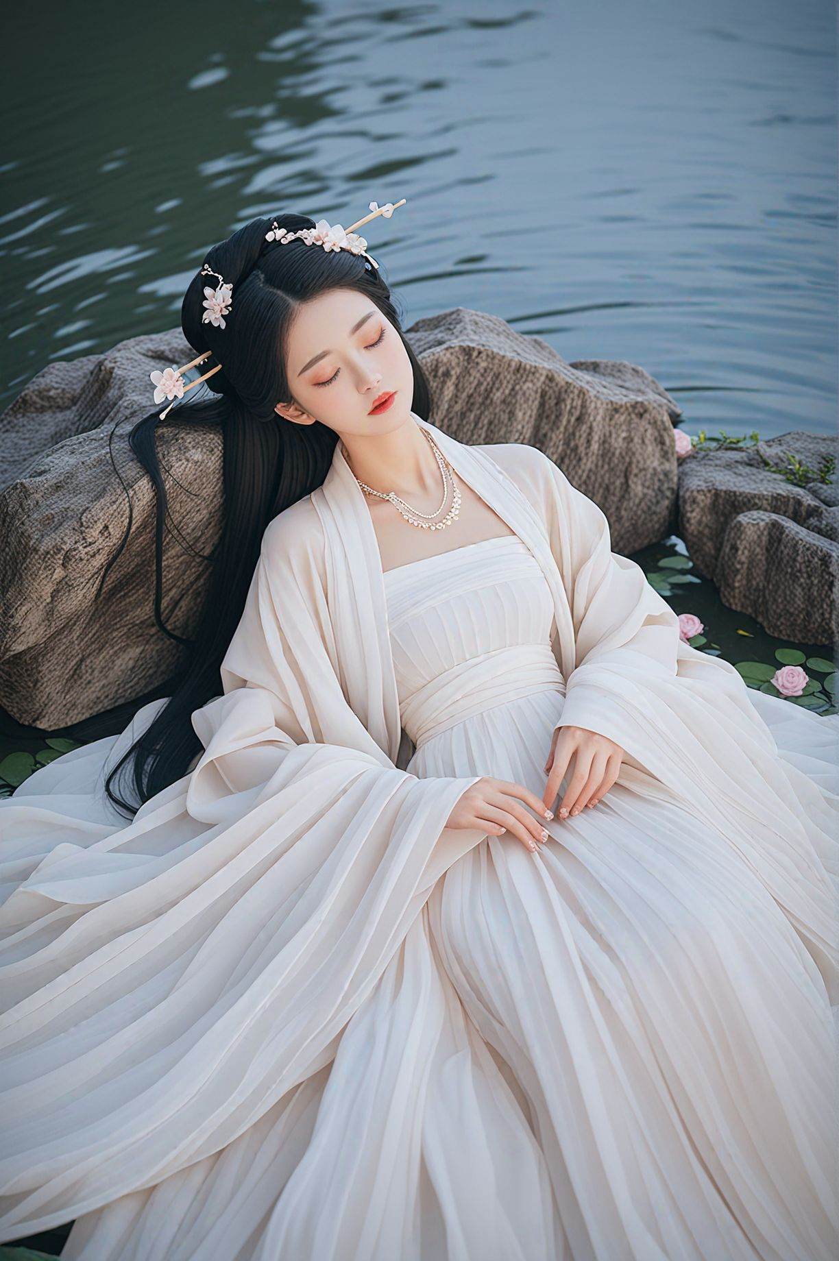 score_9,score_8_up,score_7_up,score_6_up,score_5_up,score_4_up,hanfu,wide sleeves,long sleeves,sleeves past fingers,see-through,hair stick,hair ornament,1girl,black hair,closed eyes,long hair,solo,necklace,dress,jewelry,flower,white dress,red lips,lying,on back,hair ornament,realistic,water,