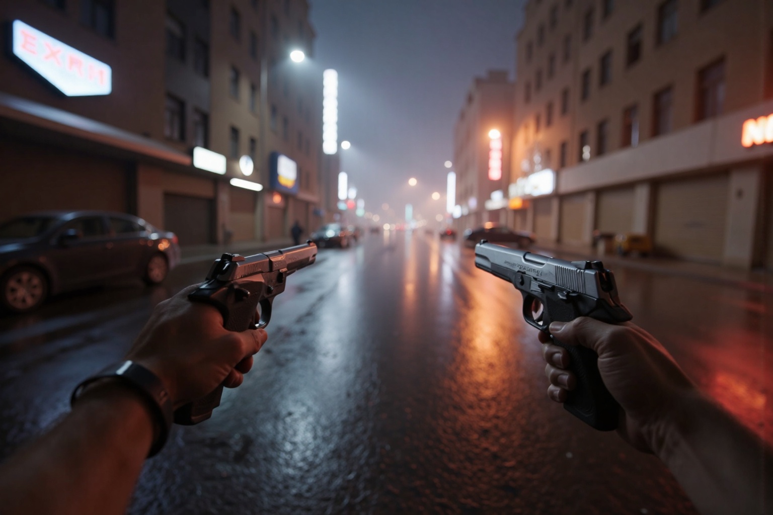 1stPOV_flx,  In 1st person POV,  I am holding a gun in both hands on Tensor.Art