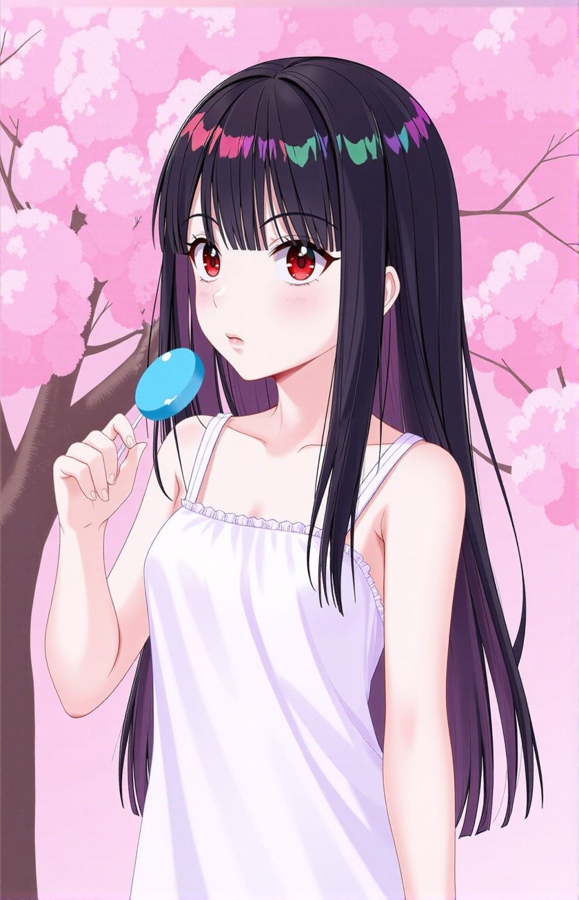 AtdanV4XL,  a young girl with long black hair and red eyes. She is standing in front of a background of pink cherry blosso...