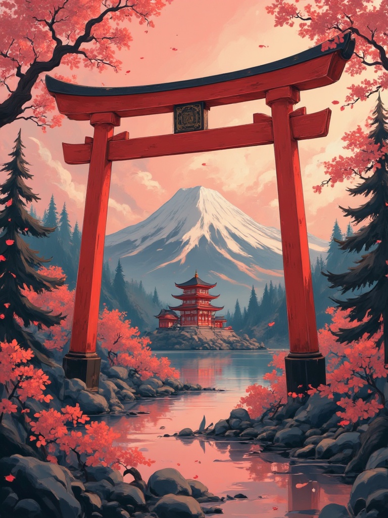 A digital illustration in a traditional Japanese style,  featuring a vibrant and colorful landscape with a large,  stylize...