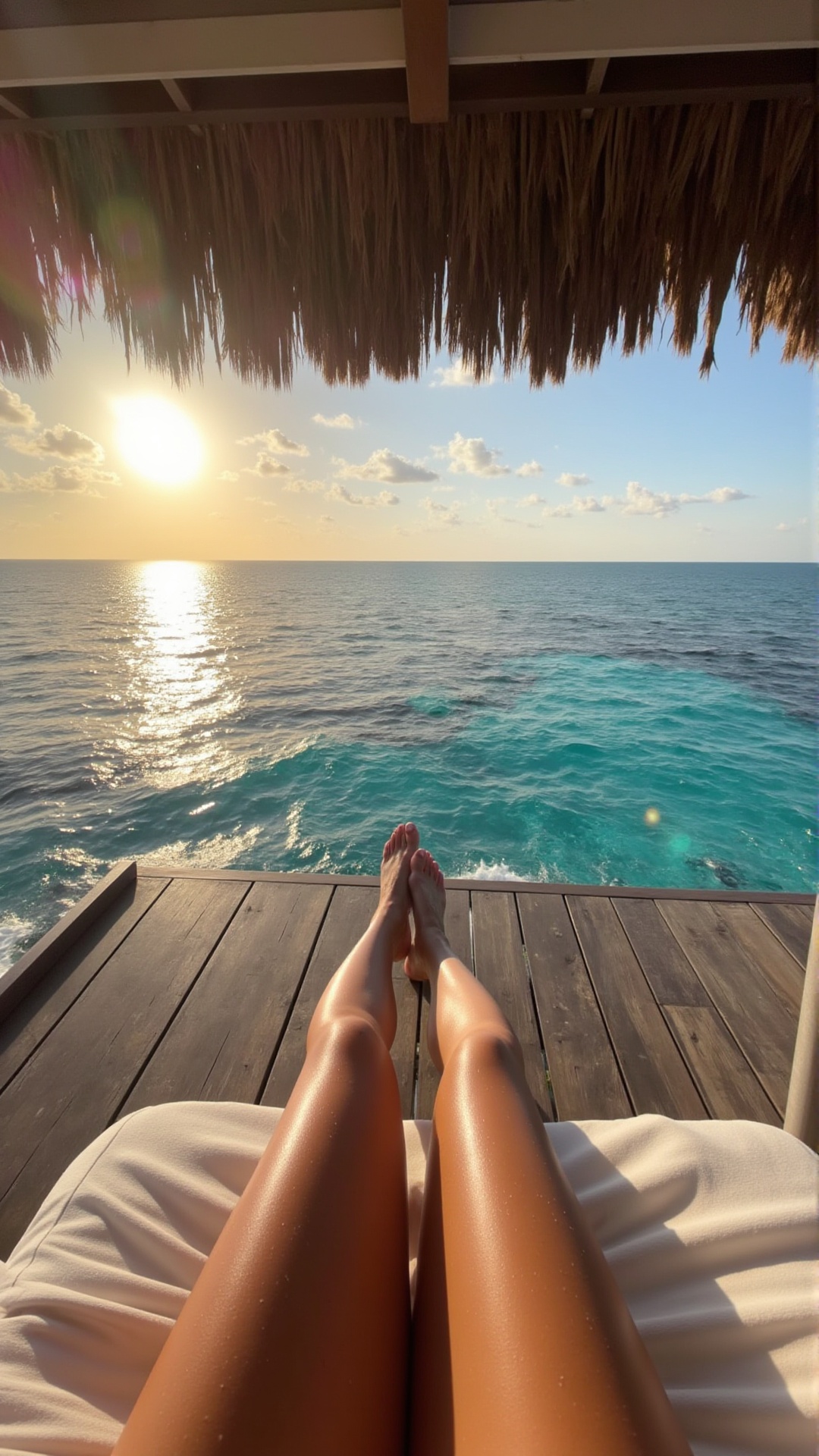 aidmaFemalePOV,  aidmahyperrealism,  Sitting on the deck of an overwater villa in the Maldives on Tensor.Art