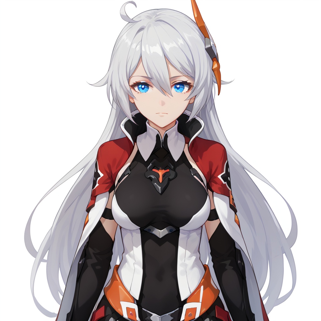 (white background:1.2),looking at viewer,(SOLO:1.4),outline,simple background,upper body, cowboy shot,looking at viewer,(((arms at side))),  kiana kaslana, k423, ponytail, symbol-shaped pupils, white hair, silver hair, hair between eyes, bangs, long hair, blue eyes, breasts, hair ornament, eyebrows visible through hair, ahoge<lora:k423-pony:0.8>