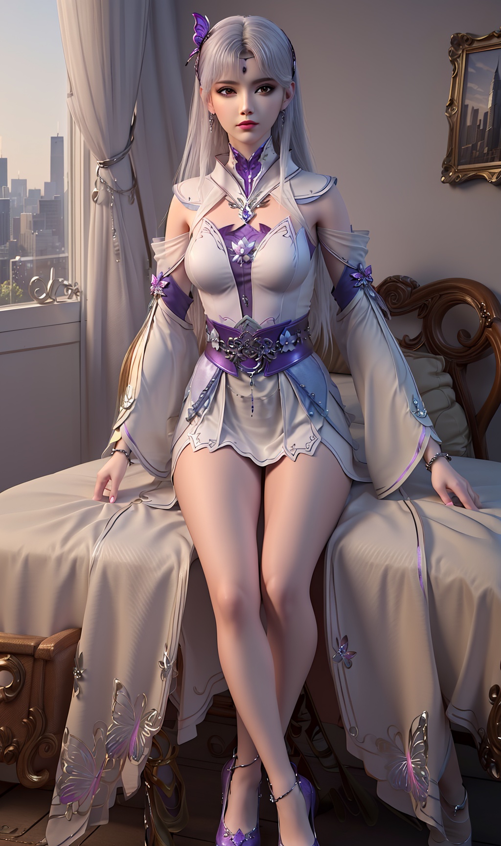 3D,masterpiece,(best quality),(makeup),official art, extremely detailed cg 8k wallpaper,((crystalstexture skin)), (extremely delicate and beautiful),(highly detailed),(face),(collar),(butterfly_hair_clip),(1girl), (solo), (jewelry), (earrings),(white_hair),(long_hair),(hair_ornament),(handwear),(breasts),(sitting),((full_body,whole_body)),(dress),(long_skirt),(shiny_clothes),(long_legs,thighs),(city,indoor,bed),(belt),(multicolored_clothes),(multicolored_dress),(anklet),(robe),,((looking_at_viewer)),((Facing the camera)),(purple_shoes),(cloth_shoes),, <lora:hipoly3DModelLora_v10:0.3>