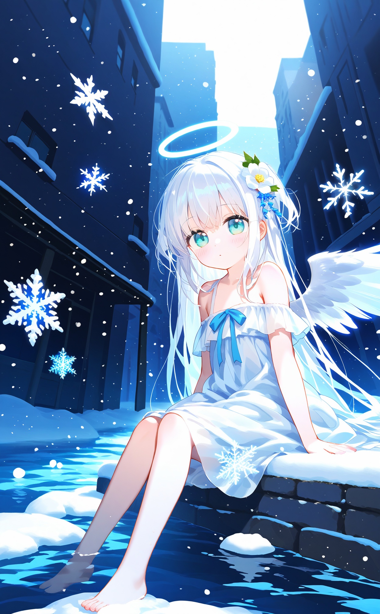 Elite 1girl loli solo long hair looking at viewer blush blue eyes dress bare shoulders sitting flower white hair wings barefoot water star \(symbol\) aqua eyes building snow angel wings angel snowflakes head wreat