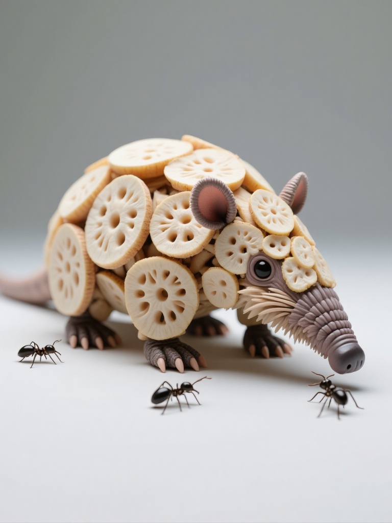 wgsc,  a creative and artistic representation of an armadillo made entirely of lotus seed platesThe armadillo is construct...