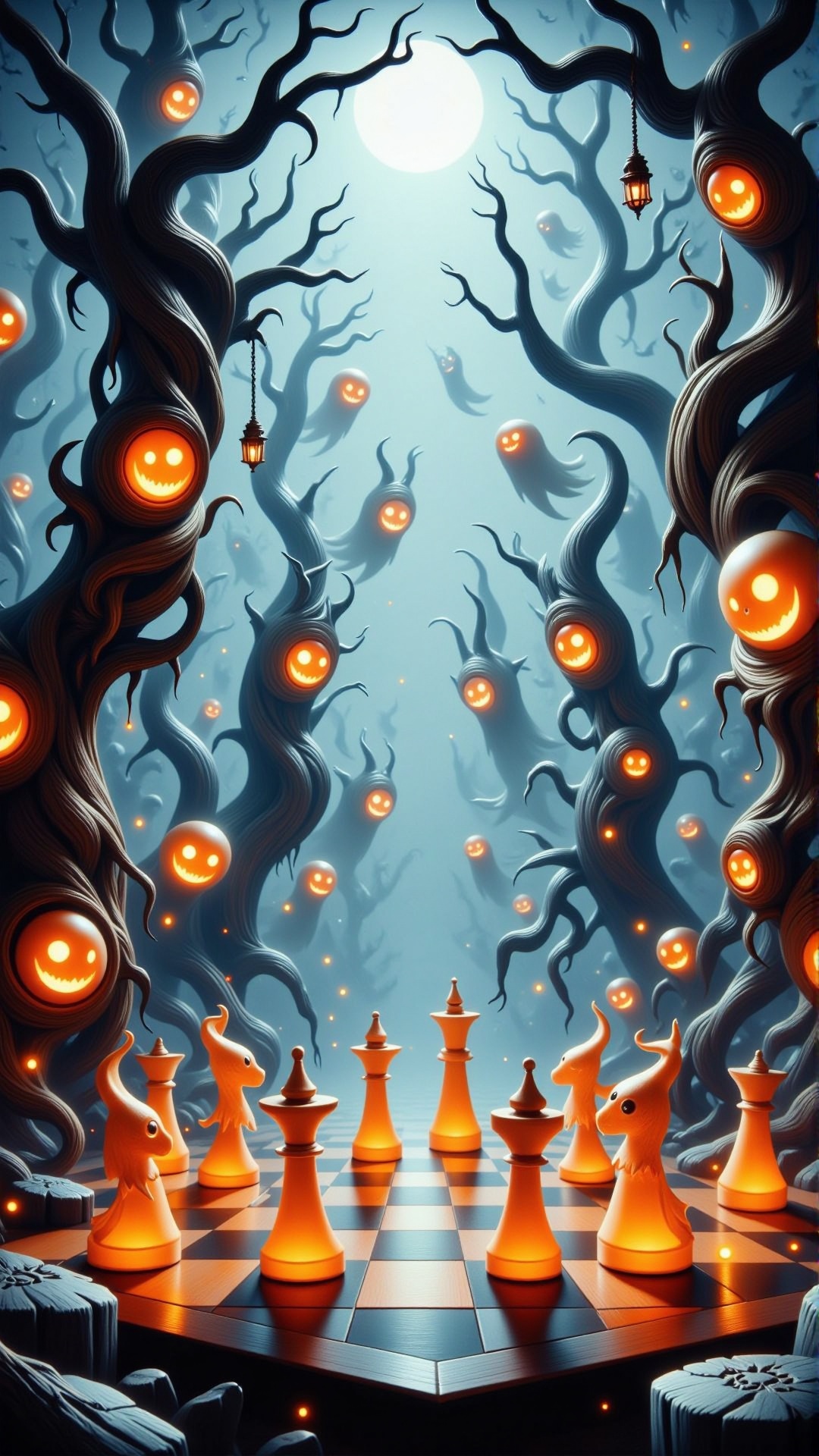 HalloweenGlowStyle orange themed surrealistic oil painting,  game of chess,  ghosts on Tensor.Art