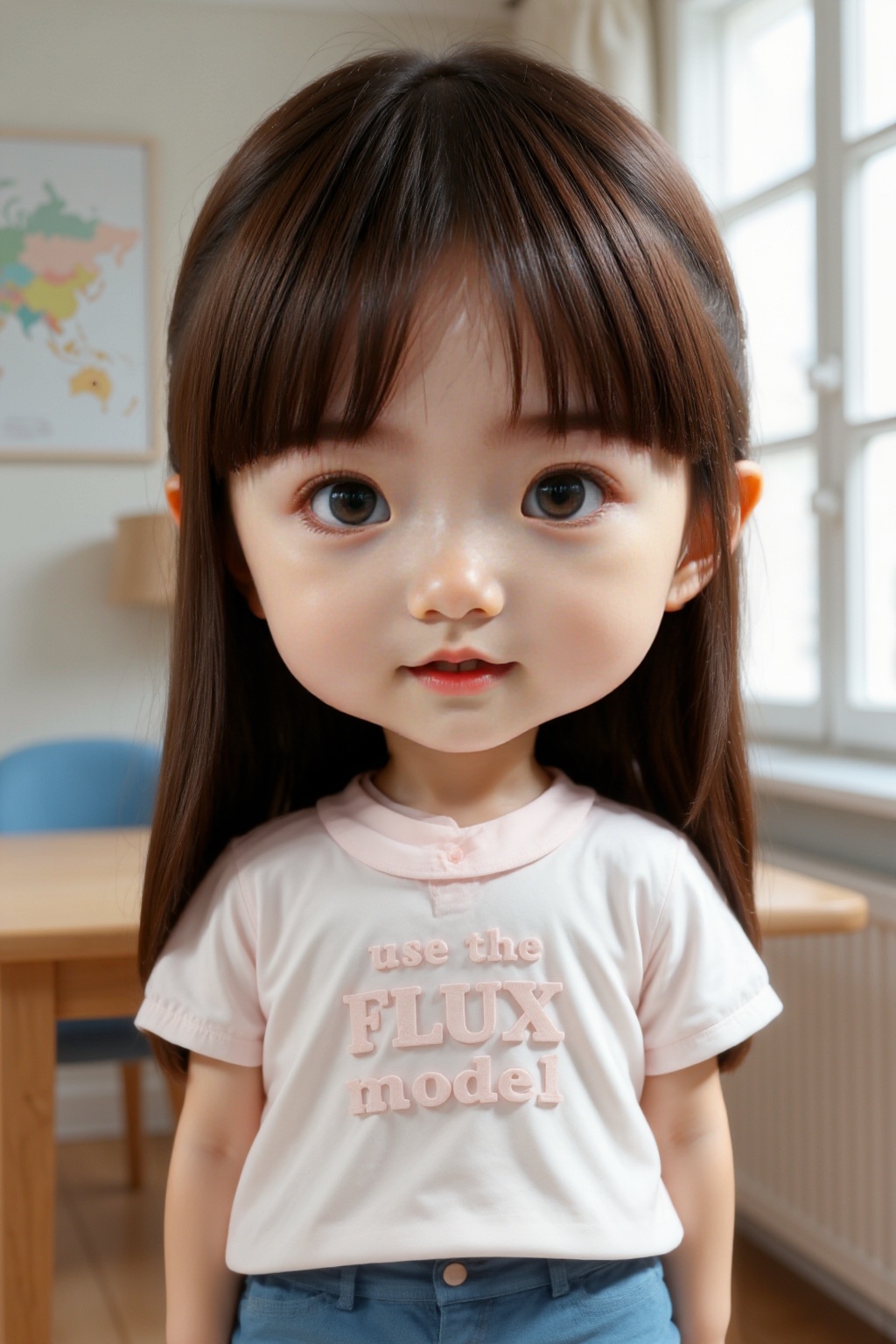 <lora:AgainF1ChibiLora:1>,girl,chibi,full body,indoors,the girl is wearing shirt with the words"Use the flux model"