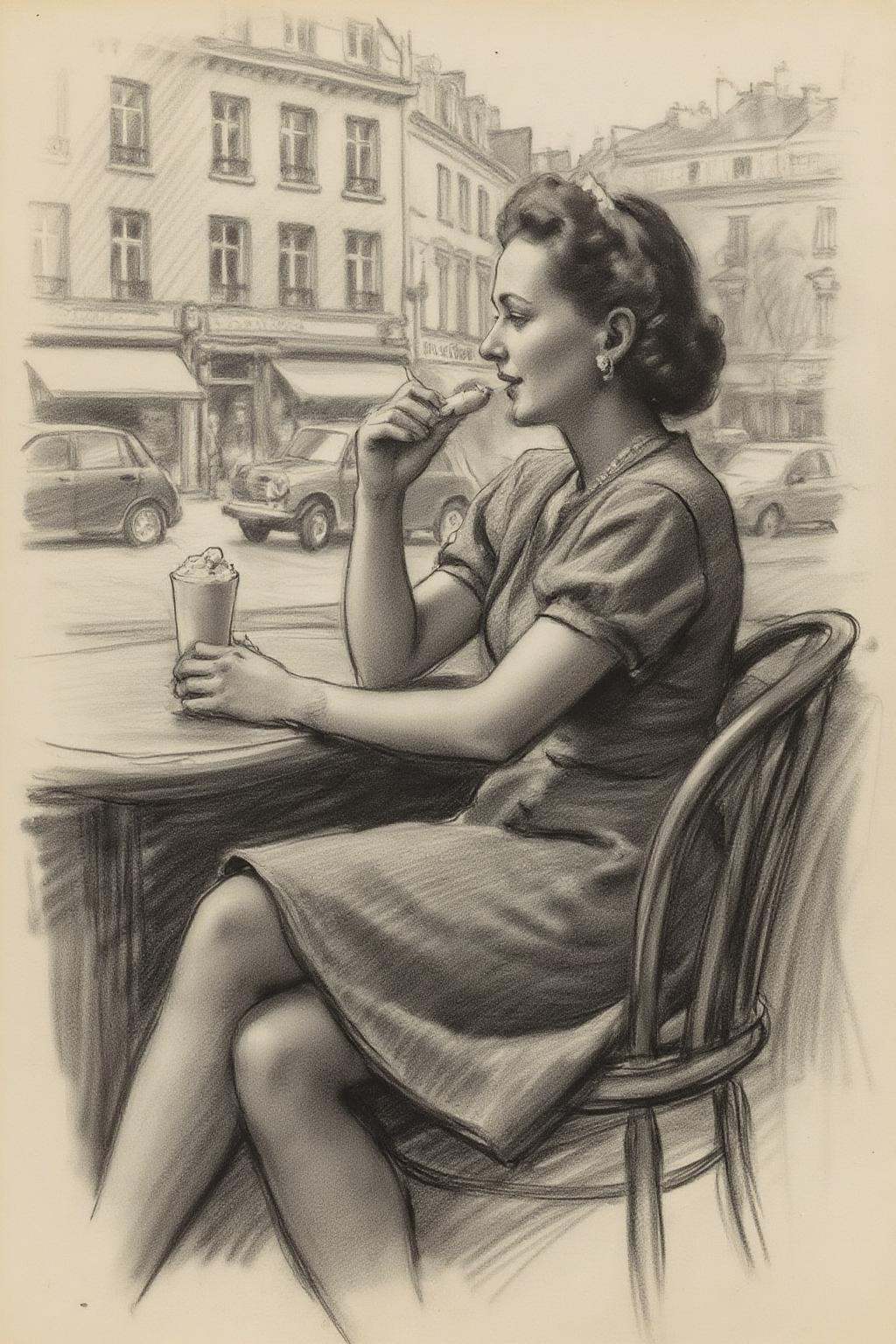 charcoal drawing of a woman in a pub eating a milkshake at a bakery. There is a large window behind her,  showing busy tra...
