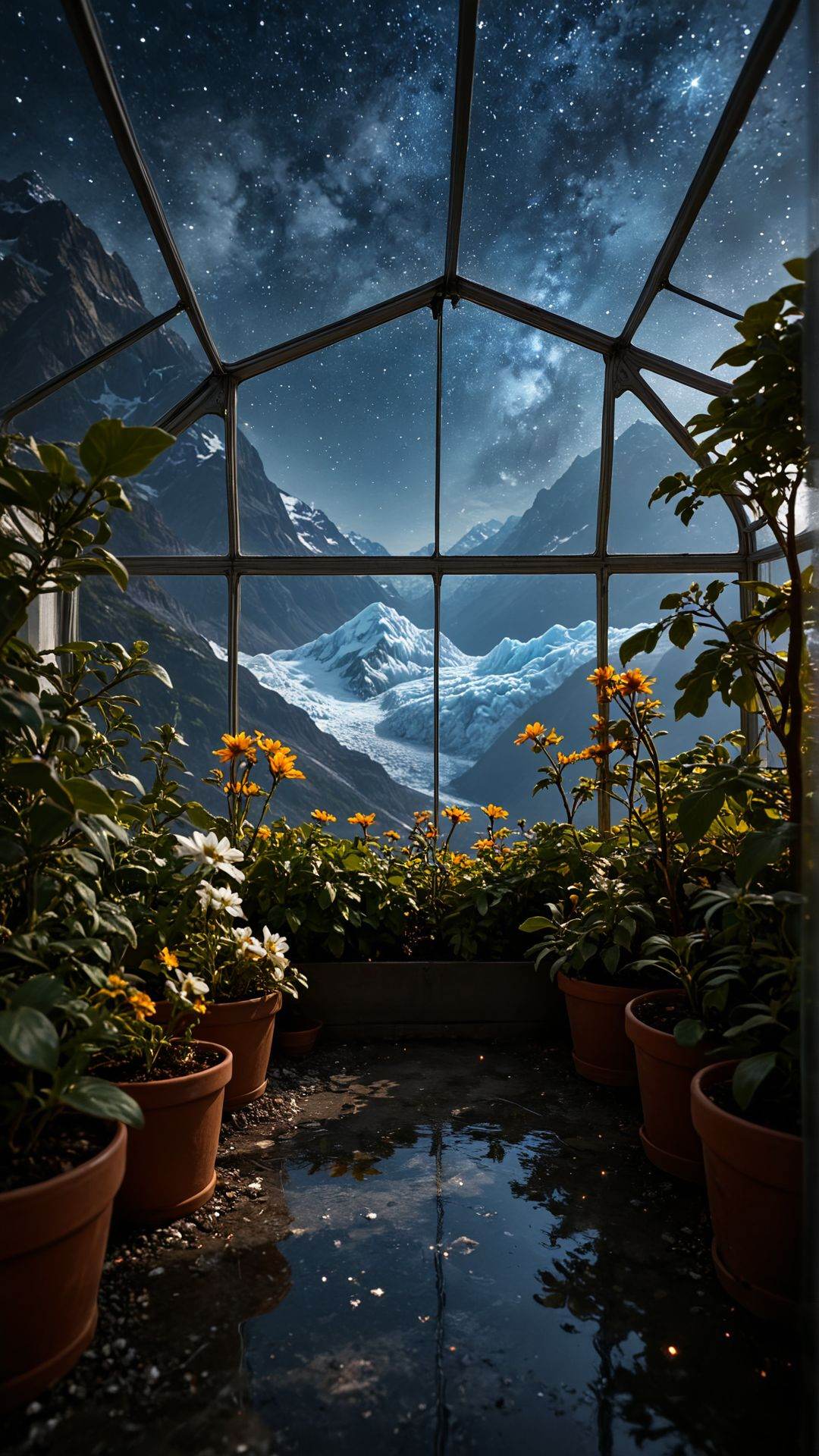 photograph,  landscape of a [Las Vegas:Aletsch Glacier:4],  from inside a Greenhouse on Tensor.Art