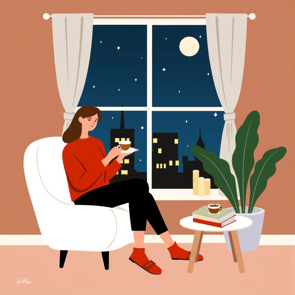 SSi,  Digital illustration of a woman in a red sweater and black pants sitting on a white armchair in front of a large win...