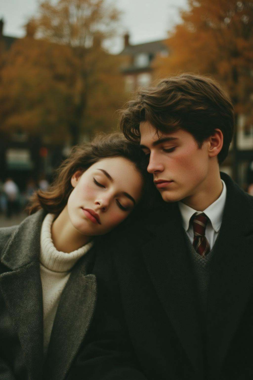 midjourney analog photograph.A young English woman and a young man are sitting closely together with their eyes closed in...