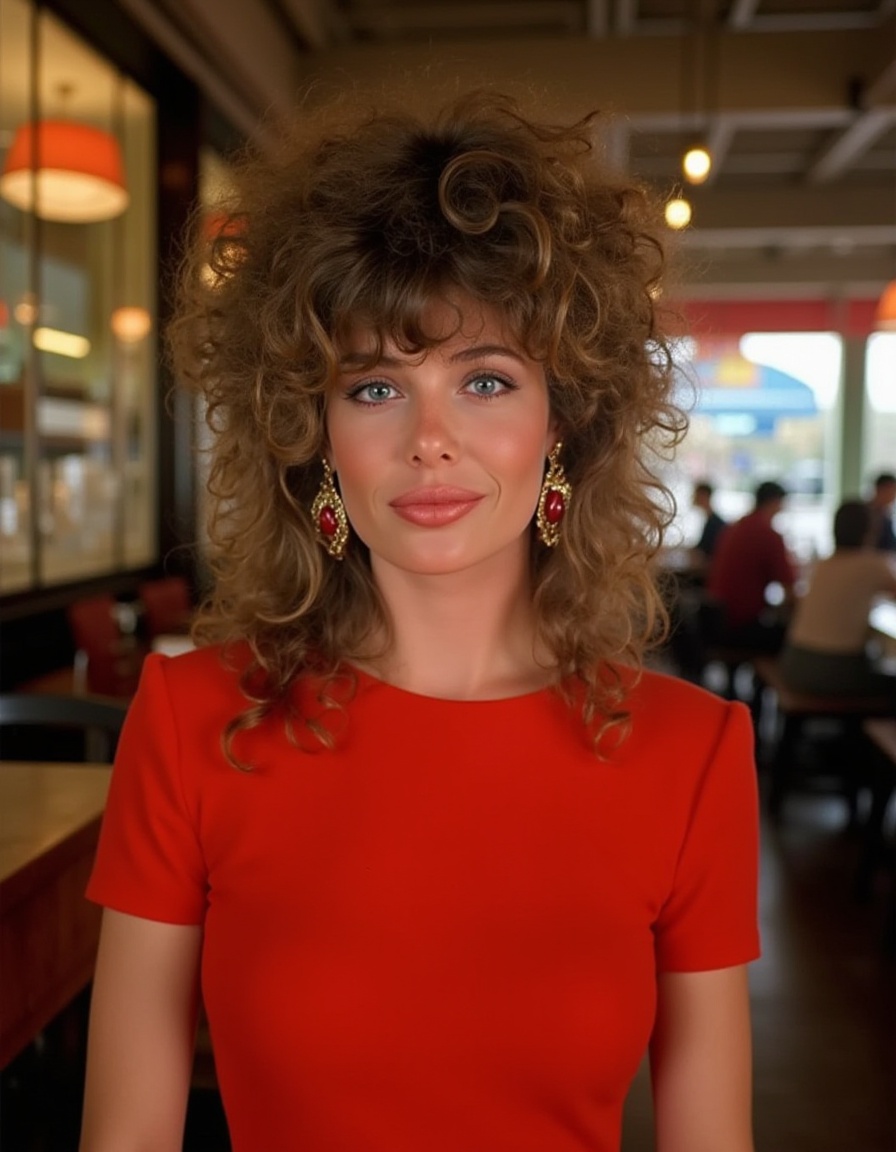 beautiful detailed photograph,  blue eyes,  curly 1980s style big hair. on Tensor.Art
