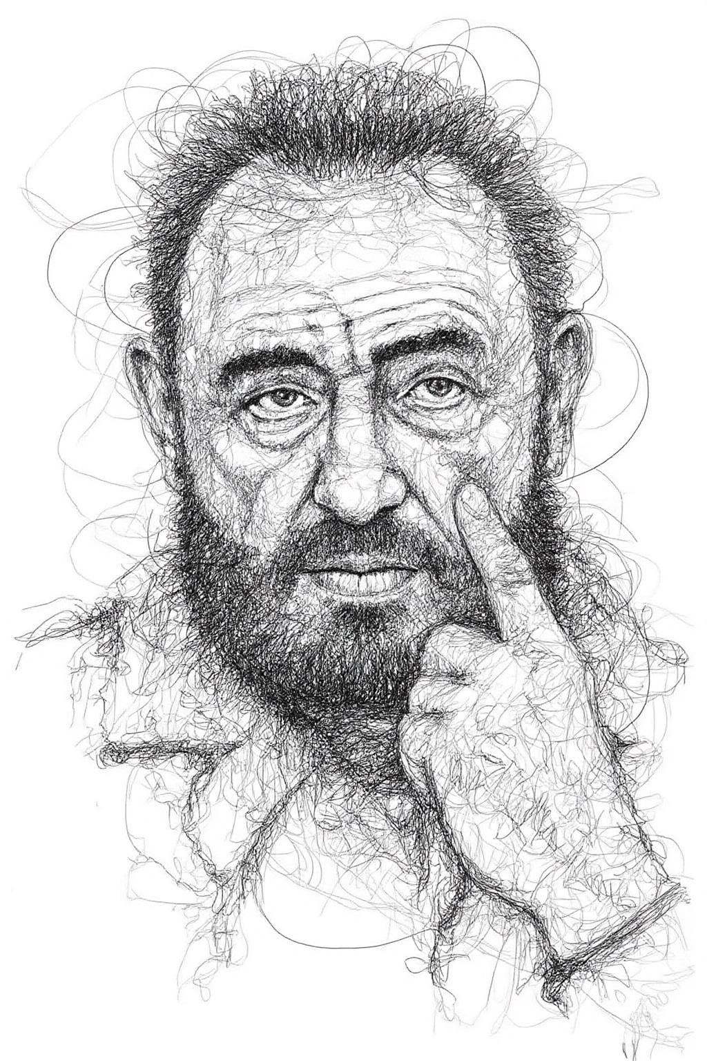 drawing of Fidel Castro,  depicted with a thick,  bushy beard and mustache. He has deep-set on Tensor.Art
