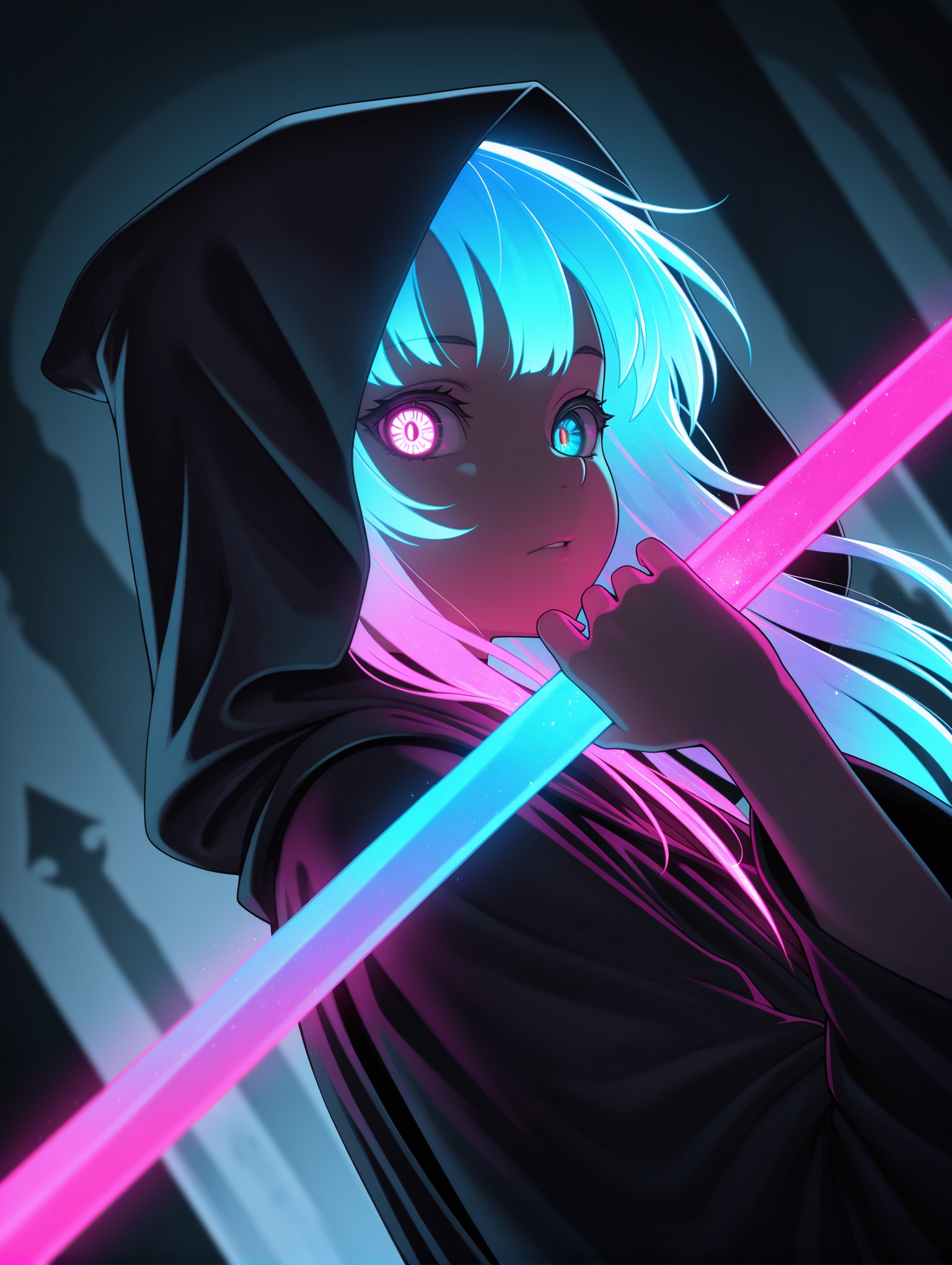 depth of field, focused subject, close up, 1girl, demon face, solo, black jedi robe, glowing hair, looking at the viewer, heterochromia eyes, neon color palette, holding neon sword, eerie, dynamic lighting, shadows, silhouette, ghost in armor, dynamic angle,from side,,masterpiece,best quality,amazing quality,