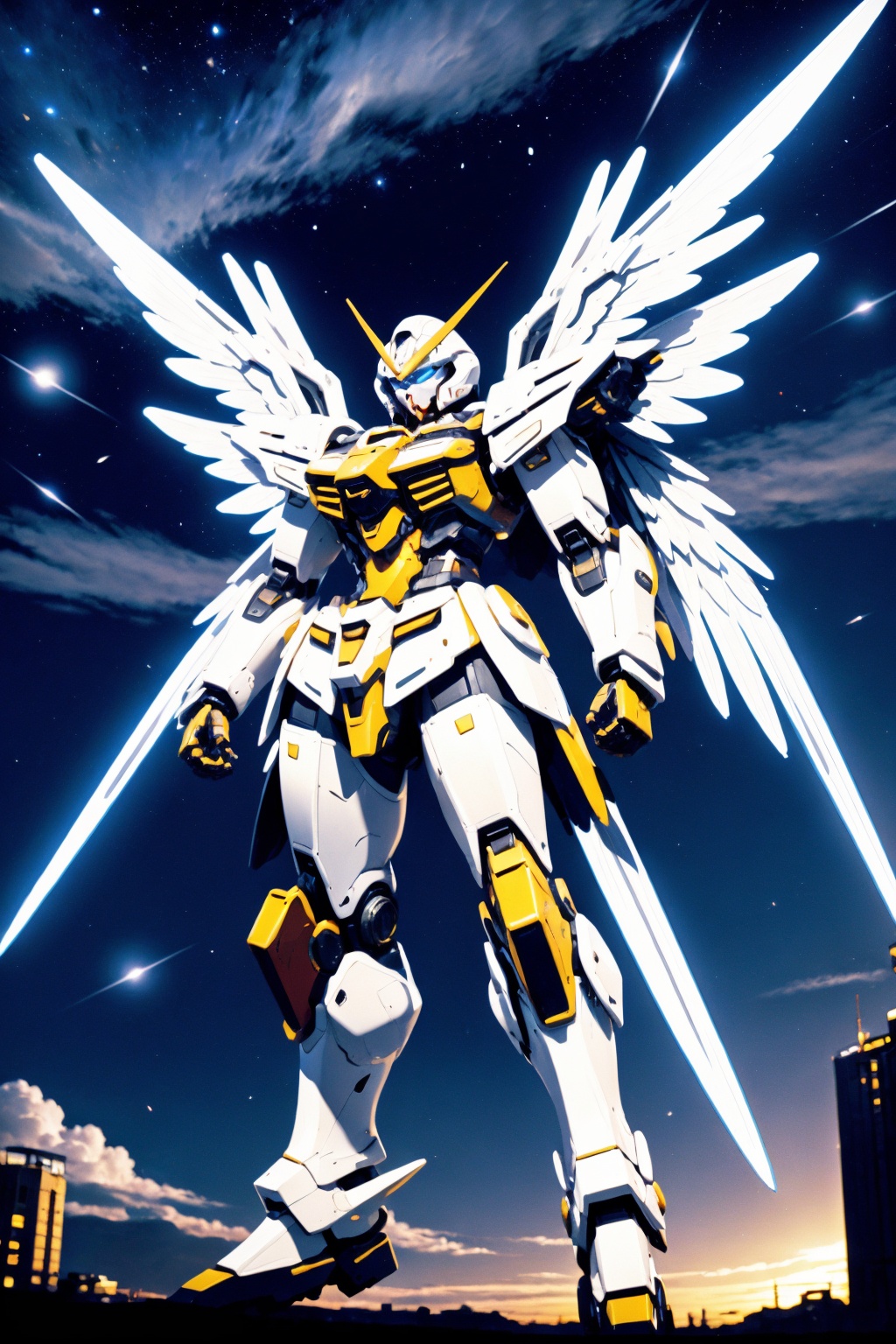 gundam, robot, no humans, wings, sky, science fiction, star \(sky\), solo, cloud, standing, blue eyes, outdoors, building, shooting star, starry sky, night, glowing, city, night sky, cityscape, weapon, full body, sword, feathered wings, cloudy sky, mechanical wings, clenched hands, looking down, looking ahead