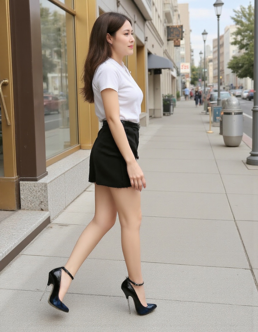 32k fullbody photograph from the side of a beautiful woman walking wearing a black miniskirt,  a white blouse and black an...