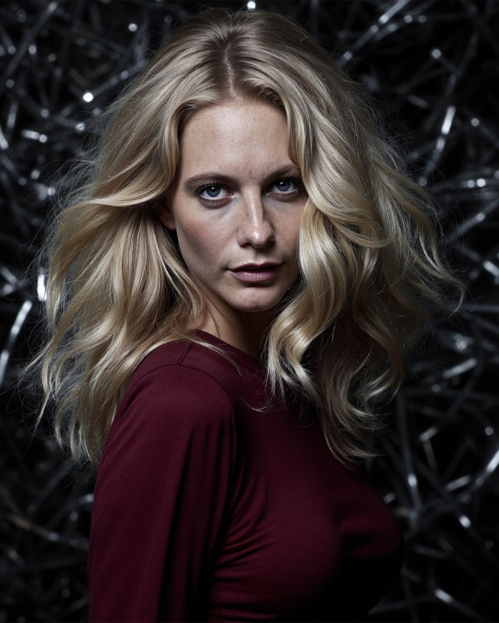A high-resolution photograph of poppy_delevingne with long,  wavy blonde hair,  partially covering her face on Tensor.Art