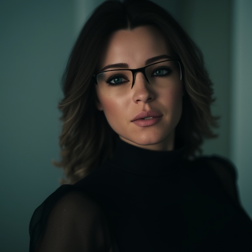 rectangular glasses that frame her expressive,  adding a touch of elegance and sensuality to her appearance.,  rectangular...