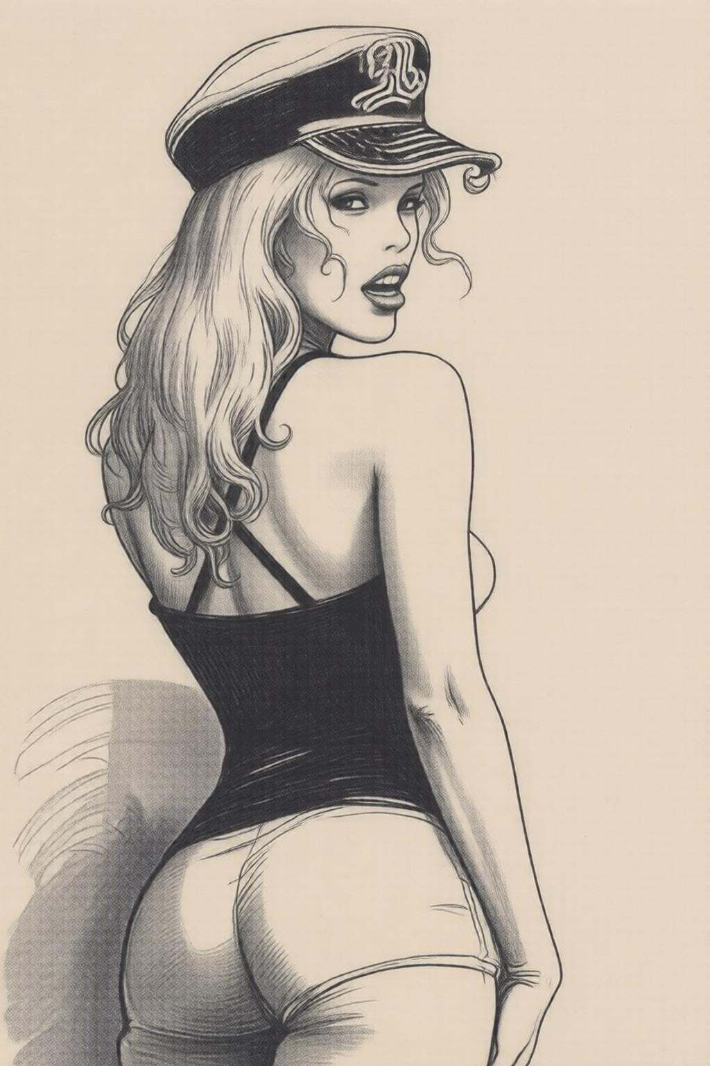 milomanara7q illustration. A black and white pencil sketch of the backview of a woman with long curly blonde hair and a ca...