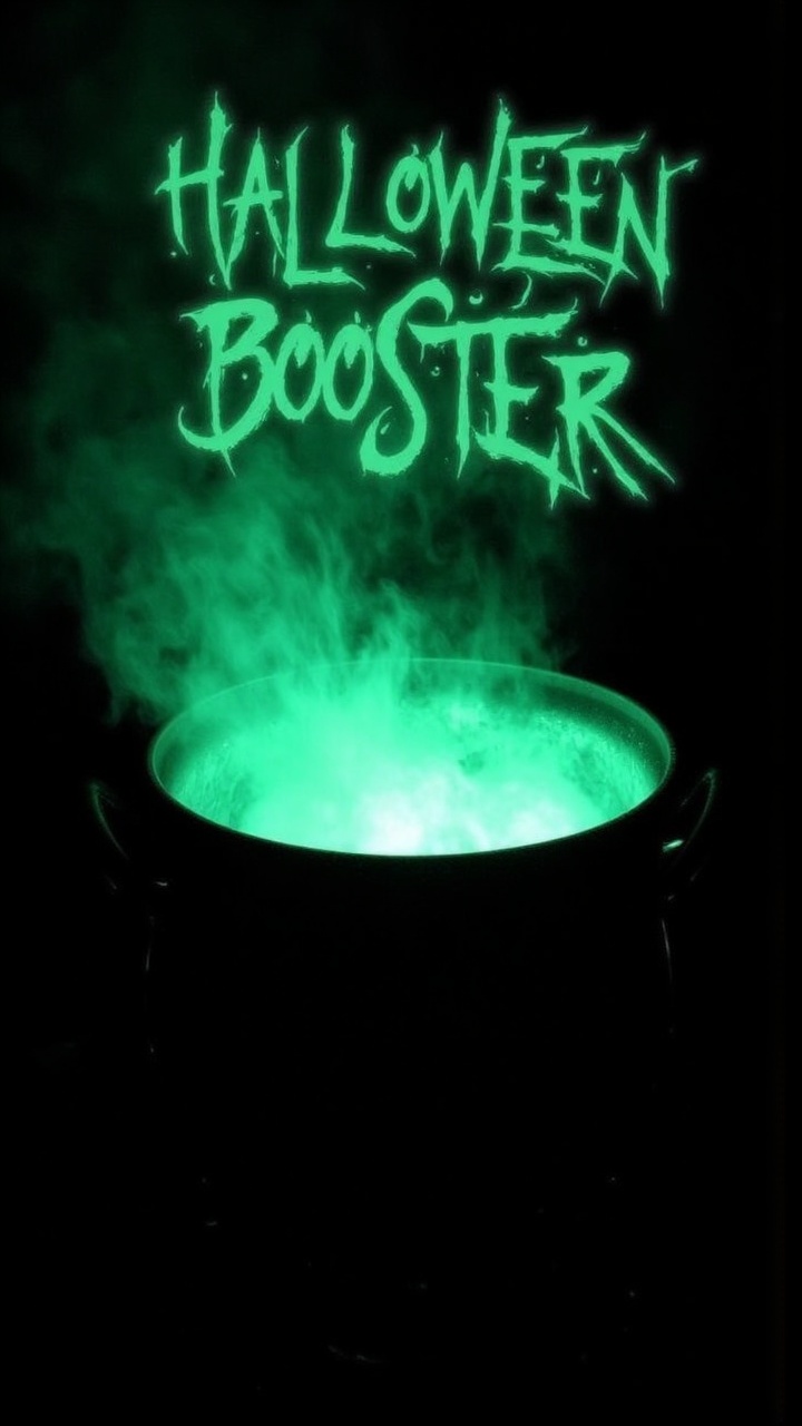 A witch’s bubbling cauldron,  glowing with green mist and eerie light,  with the words "Halloween Booster" floating above...