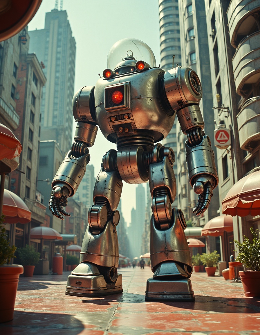Vintage Sci-fi . At the entrance of a shiny,  chrome building in a retro-futuristic city,  a towering robot with a glass d...