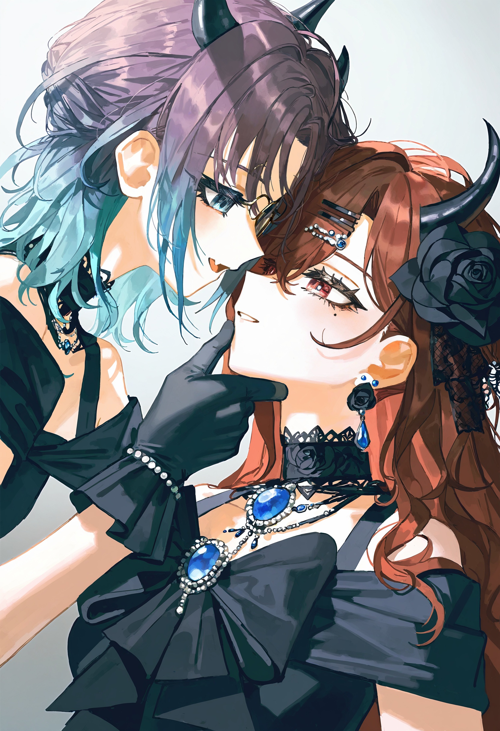 asakura toru, higuchi madoka,2girls, alternate hair length, alternate hairstyle, black choker, black flower, black gloves, black rose, blue brooch, blue eyes, blue hair, brown hair, choker, earrings, eye contact, fang, flower, gloves, gradient hair, hair flower, hair ornament, hand on another's chin, horns, jewelry, long hair, looking at another, mole, mole under eye, monocle, multicolored hair, multiple girls, purple hair, red eyes, rose, skin fang, upper body, yuri,perspective,(quasarcake:0.95),tianliang duohe fangdongye,
