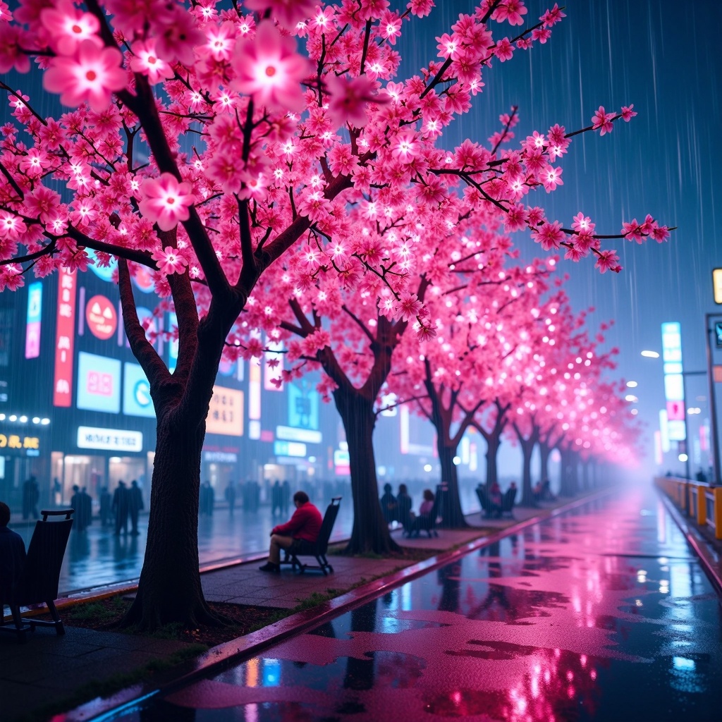 HalloweenGlowStyle Blossoming cherry trees Sakura with fully open pink flowers,  illuminated by colorful neon signs,  city...