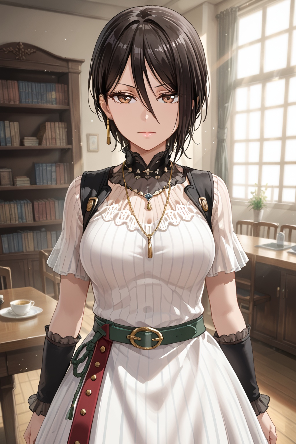 yashio rui, 1girl, solo, breasts, looking at viewer, black hair, hair between eyes, closed mouth, brown eyes<lora:八潮瑠唯:0.8>
