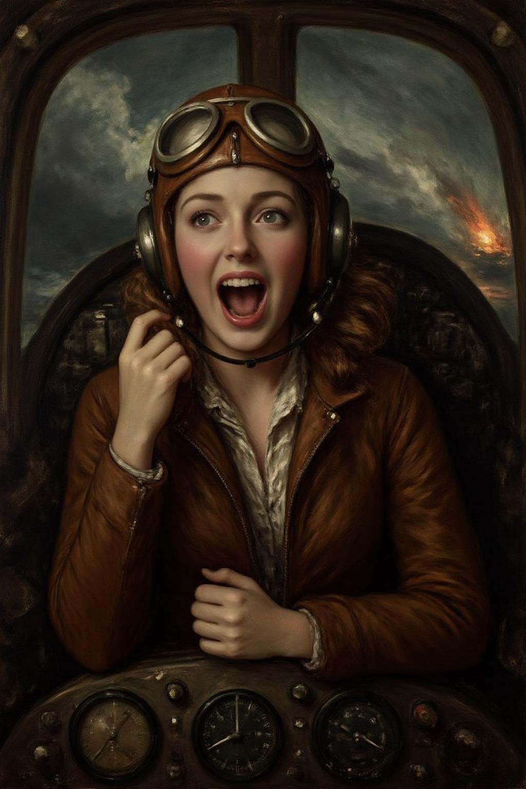 gainsbo1 paintingA female pilot screaming inside the cockpit of a World War II bomber. The pilot,  wearing a vintage leath...