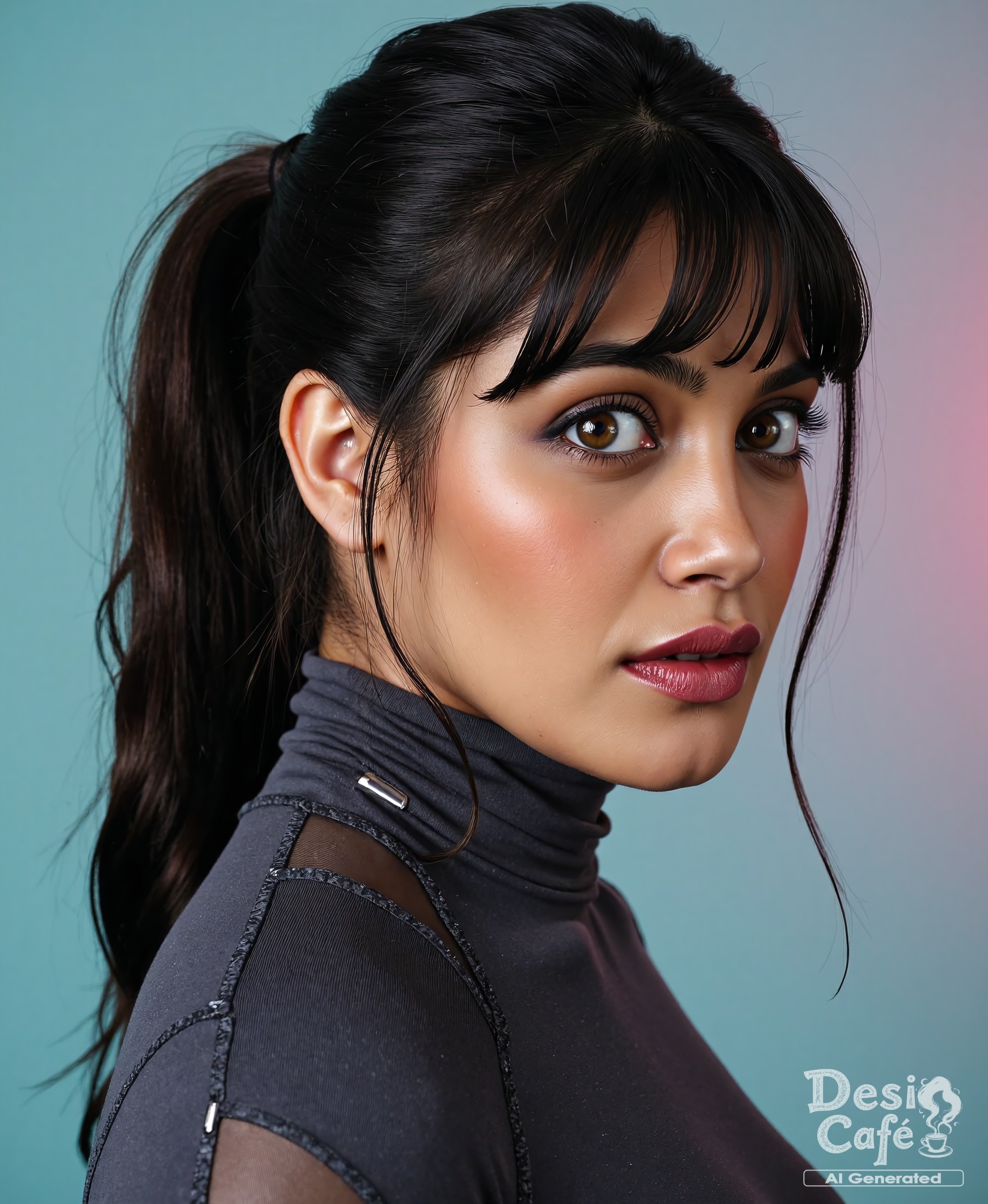 side view photo of Isha Keskar woman,  hyper realistic photo that is safe for work,  expression of wonderment with wide ey...