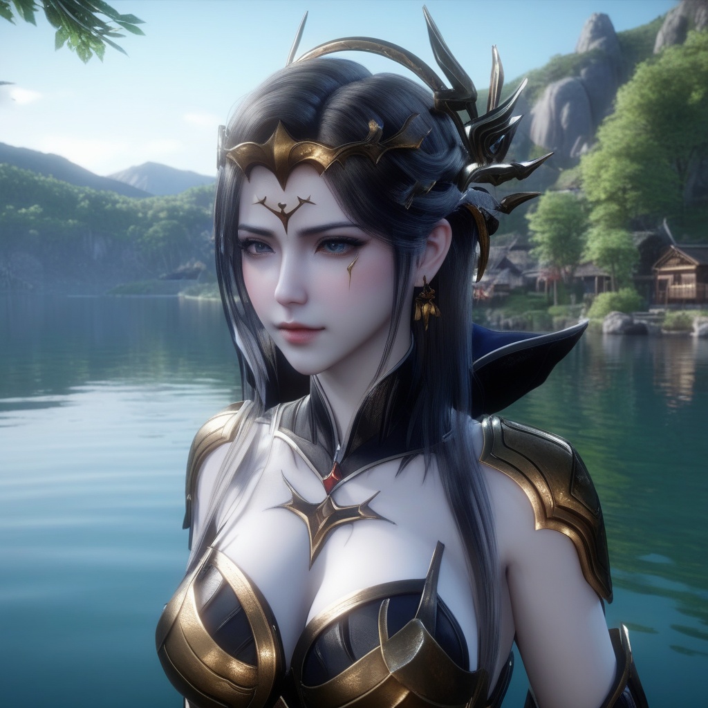 <lora:841-DA-XL-武庚纪-不闻不问:0.8>, (,1girl, ,best quality, ),,  ,ultra detailed 8k cg,   ,masterpiece, (( , )) , lake,upper body,   (cleavage),,  (),