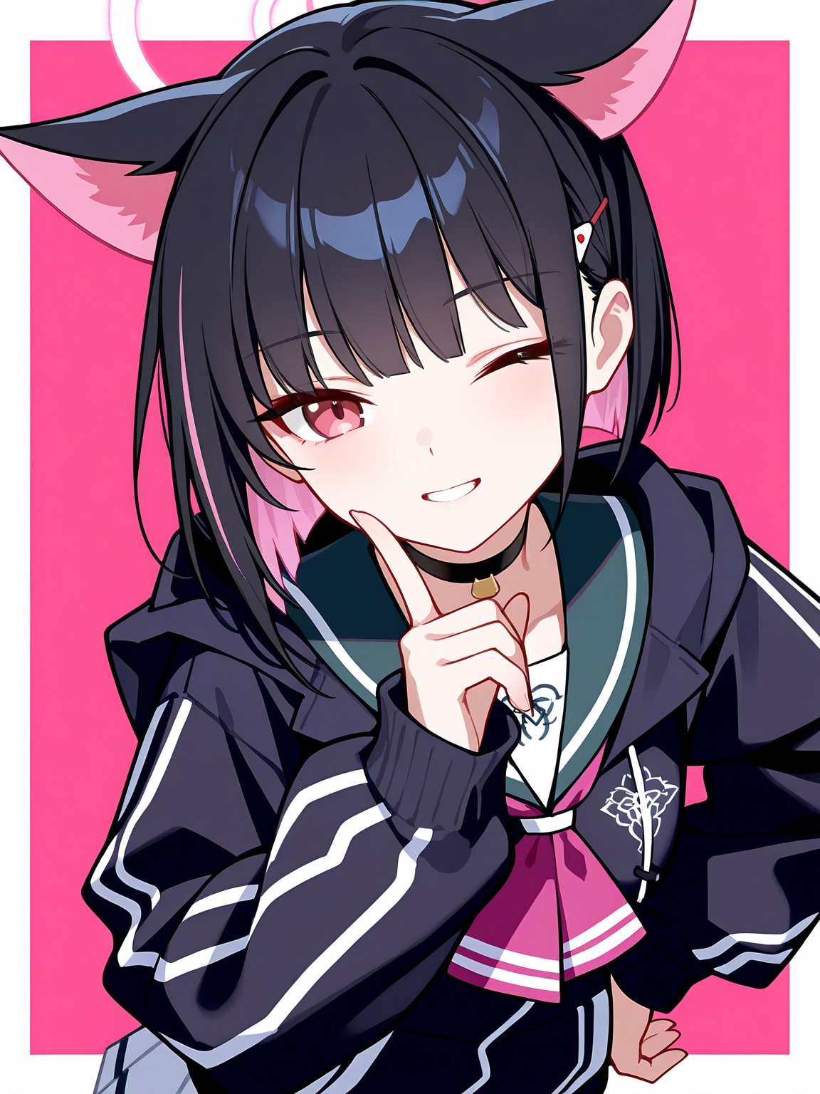 {{quan (kurisu tina)}},{portrait},year 2023,kazusa \(blue archive\),1girl,solo,standing,upper body,teeth,light smile,one eye closed,index finger raised,hand on own hip,looking at viewer,(masterpiece,best quality,ultra_detailed,highres,absurdres:1.2,amazing quality,very aesthetic)