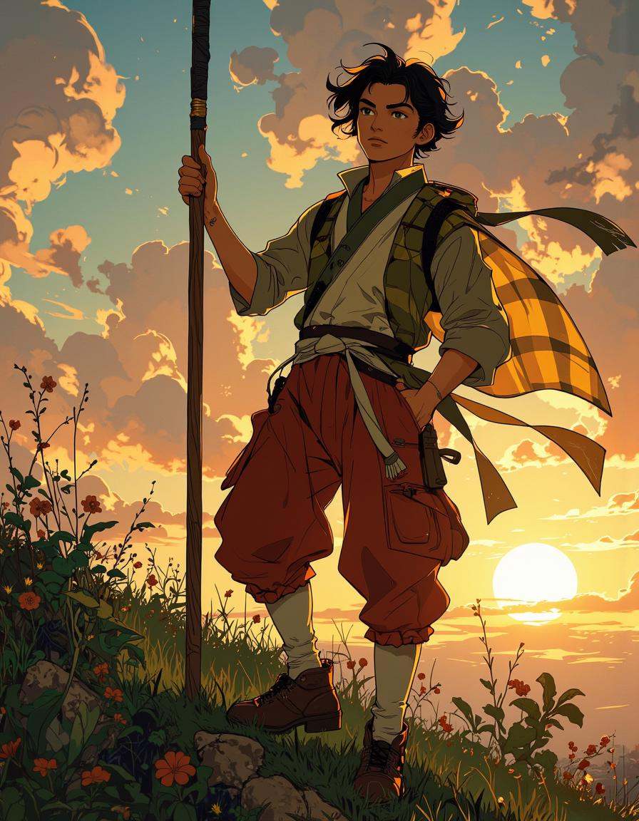 Anime style. This is a digital illustration depicting a young,  male anime character standing on a grassy hillside at suns...