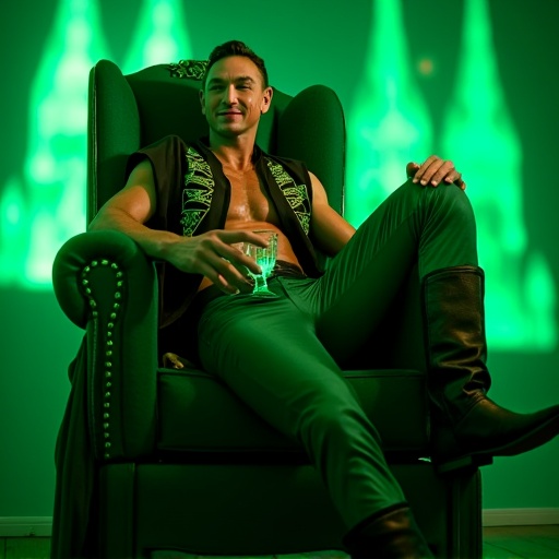 C4D3_M4DD0X. a man lounges on a glowing emerald throne,  exuding effortless authority. His green skin radiates a faint lus...