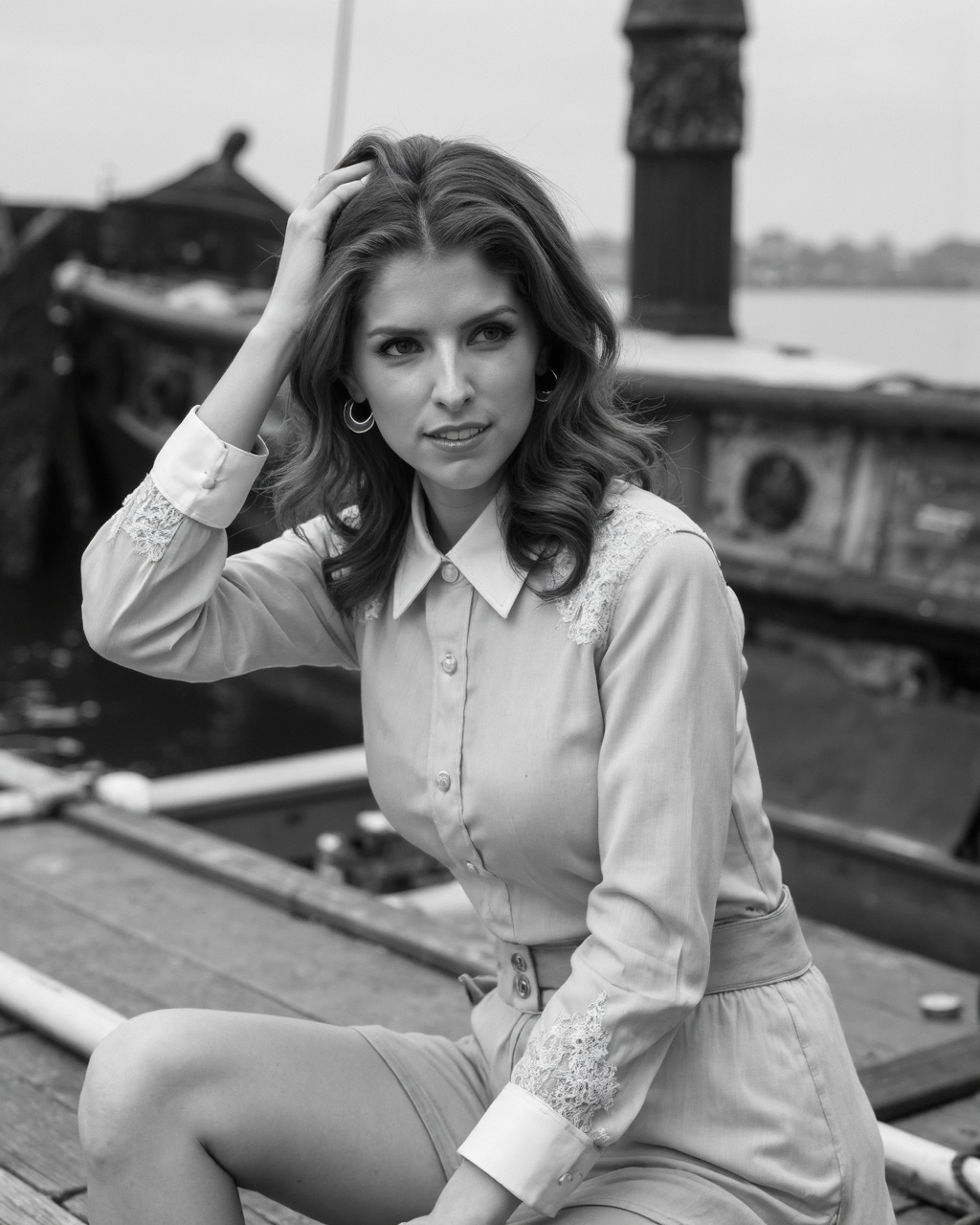 The photograph is a black and white image featuring anna_kendrick with light skin and medium-length,  wavy brown hair. She...