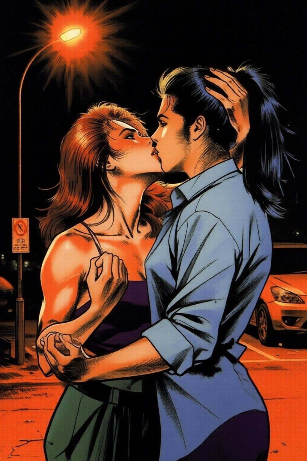 ryoichiikegami2q illustration.Silmas. two athletic young women locked in an intense,  passionate kiss in a deserted univer...